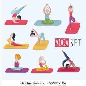 Cartoon set with funny illustration of beautiful different kind of women in various poses of yoga. Exercises, class, center, studio, healthy lifestyle