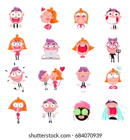 Cartoon set of funny male and female people expressing various emotions isolated on white background vector illustration