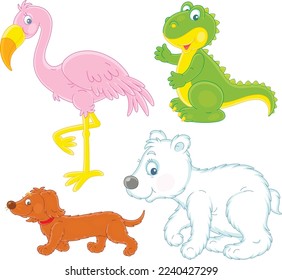 Cartoon set of funny pink flamingo, a polar bear, a green dinosaur and a brown dachshund, vector illustrations on a white background