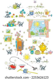 Cartoon set of a funny plump cat and a lot of household things, collection of vector illustrations isolated on a white background