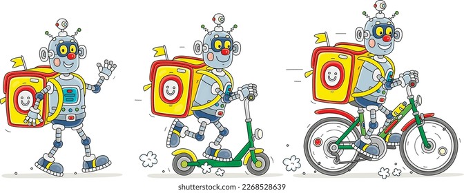 Cartoon set of a funny robot courier with a large backpack delivering ordered goods to waiting customers and riding a bike, rushing on a scooter and walking on foot, vector illustrations on white