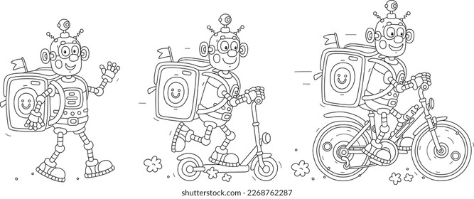Cartoon set of a funny robot courier with a large backpack delivering ordered goods to waiting customers and riding a bike, rushing on a scooter and walking on foot, black and white illustrations