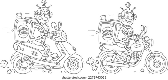 Juego de caricaturas de un divertido mensajero de robots con una gran mochila montando una moto y una motocicleta y entregando artículos pedidos a los clientes en espera, ilustraciones de vector en blanco y negro