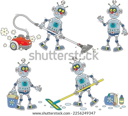 Cartoon set of a funny robot doing housework with a vacuum cleaner, a mop and a bucket of water, vector illustrations isolated on a white background