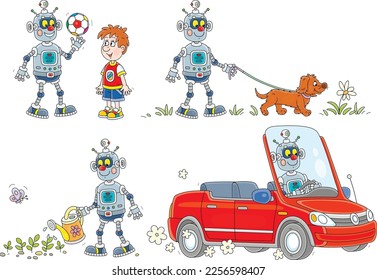 Cartoon set of a funny robot playing a ball with a little boy, walking with a merry dog, watering garden plants and driving a small red car, vector illustrations isolated on a white background