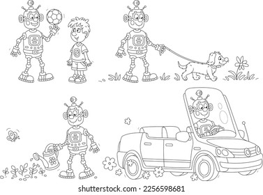 Cartoon set of a funny robot playing a ball with a little boy, walking with a merry dog, watering garden plants and driving a small car, black and white outline vector illustrations for a coloring boo