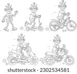 Cartoon set of a funny robot riding a bike, rushing on a scooter, walking on foot and driving a motor scooter and a motorbike, black and white outline vector illustrations for a coloring book