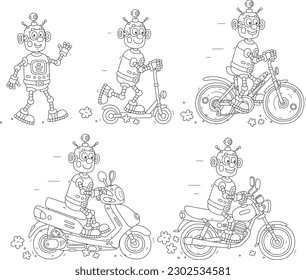 Cartoon set of a funny robot riding a bike, rushing on a scooter, walking on foot and driving a motor scooter and a motorbike, black and white outline vector illustrations for a coloring book