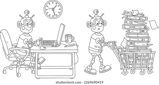 Cartoon set with a funny robot sitting at its desk, typing on a laptop and pushing a cart full of folders with documents in an office, black and white outline vector illustrations