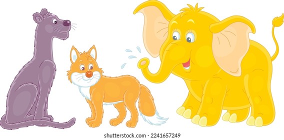 Cartoon set of funny wild animals with a black panther, a sly red fox and a friendly smiling little elephant, vector illustrations isolated on a white background