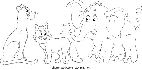 Cartoon set of funny wild animals with a panther, a sly fox and a friendly smiling little elephant, black and white outline vector illustrations for a coloring book