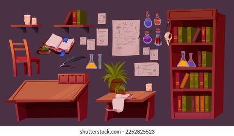 Juego de dibujos animados para el diseño de interiores de habitaciones alquimistas. Ilustración vectorial de un escritorio de madera, una silla, una estantería con botellas y frascos de vidrio, libros antiguos, carteles antiguos, macetas y velas