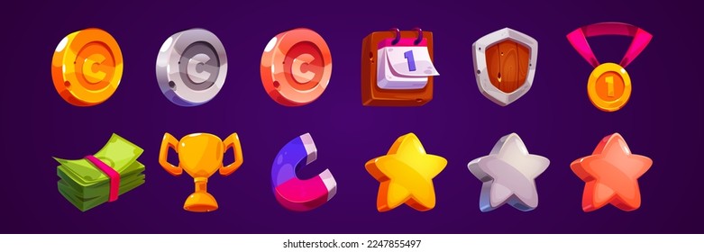 Cartoon set of game awards and props. Vector illustration of ancient calendar, wooden shield, winner medal, bunch of money, golden cup, magnet, golden, silver and bronze coins and stars. Design icons