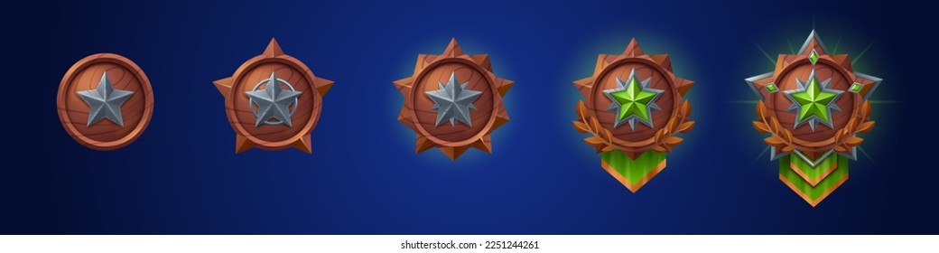 Cartoon set of game badges of different rank isolated on dark blue background. Vector illustration of green round medals with silver metal star, wooden textures. Collection of level awards
