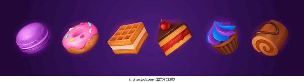 Juego de dibujos animados de íconos del pastel de juego aislados en un fondo oscuro. Ilustración vectorial de piezas de macarón dulce, donut, waffle, muffin y roulade para el diseño de 3 gui de juego. Deliciosa colección de postres