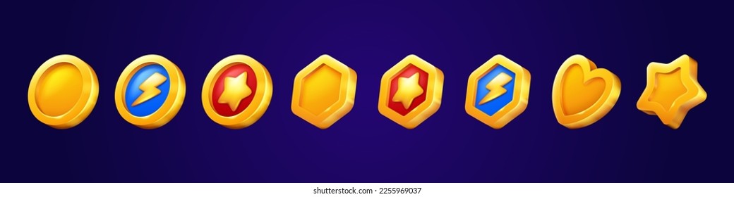 Cartoon set of game coins and medals isolated on background. Vector illustration of shiny golden bonus items of round, heart, star, hexagon shape. Competition reward. Gui design elements collection