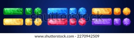 Cartoon set of game crystals isolated on dark background. Vector illustration of rectangle, square, round gem stone buttons for gui design. Colorful kit of 3 match gaming jewels. Treasure kit elements