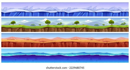 Cartoon set of game grounds with seamless texture of ice, deep sea water, empty desert, green nature landscape with mountains, trees, grass and blue sky. Vector illustration of gui level platforms