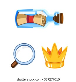 Cartoon set of game items, message in the bottle, crown, magnifier