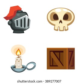 Cartoon set of game items, skull, helmet, wooden crate, candle