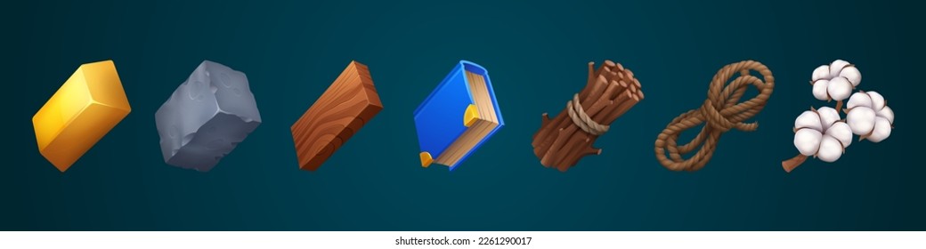 Cartoon set of game props isolated on background. Vector illustration of gold bar, concrete brick, wood board, book, bunch of firewood, rope and cotton blossom. Gui design elements. Trophy items