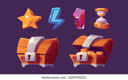 Juego de caricaturas de juegos ui iconos aislados en segundo plano. Ilustración vectorial del cofre del tesoro de madera abierto y cerrado con dinero, estrella dorada, relámpago azul, vidrio de reloj de arena. Símbolos de ranura para casino en línea