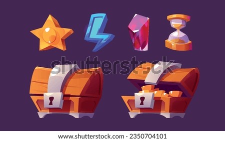 Cartoon set of game ui icons isolated on background. Vector illustration of open and closed wooden treasure chest with money, golden star, blue lightning bolt, hourglass. Online casino slot symbols