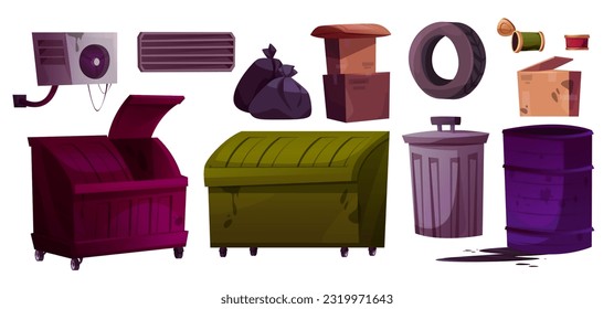 Cartoon set of garbage and waste containers on white background. Vector illustration of old air conditioner, ventilation grate, carton boxes, plastic bags full of trash, dustbins. Backstreet elements