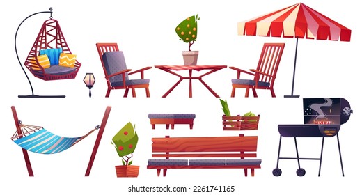 Cartoon set of garden furniture isolated on white background. Vector illustration of wooden table, bench and chairs, grill, umbrella, hammock and handing armchair. Home bbq party on summer terrace