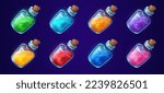 Cartoon set of glass bottles with colorful magic potions isolated on background. Vector illustration of corked jars with red, blue, yellow, green, pink, purple liquid substance. Game props collection