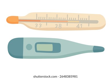 Cartoon set of glass and digital thermometers. Flat vector illustration for health and medical care.