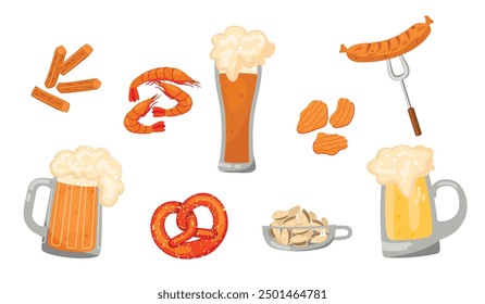 Cartoon set of glasses with foaming beer and snacks isolated on white background.Mugs with  drink, potato chips, crouton, shrimp, salted pistachios, fried sausage and pretzel.Vector food illustration.