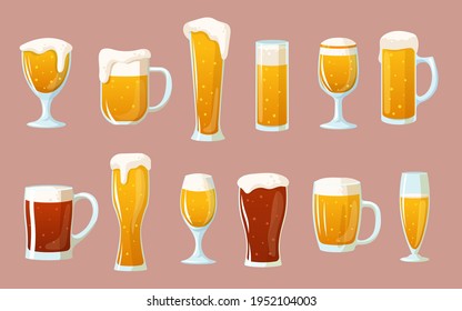 Cartoon set of glasses with light and dark beer. Flat vector illustration. Vintage cute clipart of pints. Alcohol, beer, cheers, celebration, concept for advertising, banner or web design