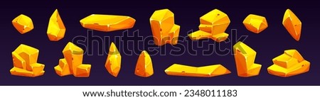 Cartoon set of gold nuggets isolated on background. Vector illustration of golden slab piles, mine or treasure cave design elements, amber crystals, yellow gem stones, royal wealth symbol, game assets