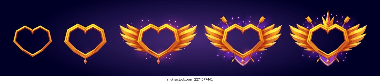 Cartoon set of golden heart avatar frames isolated on background. Vector illustration of fantasy game rank borders decorated with wings, arrows and luxury royal crown with gemstones. Design elements