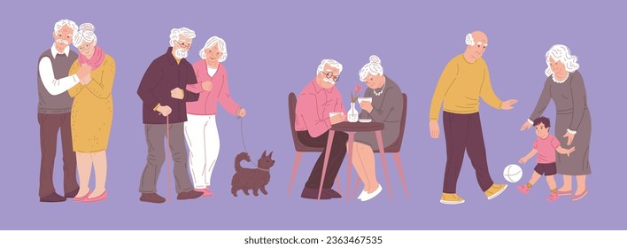 La caricatura hizo que la abuela y el abuelo se abrigaran la mano, caminaran por el perro, se sentaran en el café, jugaran con el nieto en la pelota. Ilustración vectorial de los personajes familiares felices amando la relación, diviértanse juntos