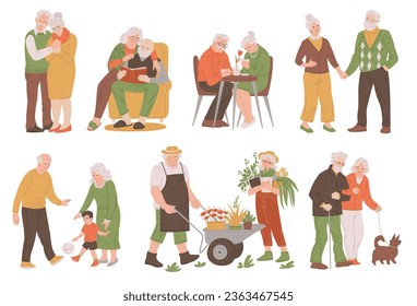 Cartoon set grandmother and grandfather warm holding hands. Walking the dog, go in for sports, play with grandson, harvest. Vector illustration happy family loving relation, have fun together