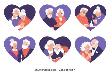 La caricatura incendia a la abuela y al abuelo tomándose de la mano, leyendo un libro, pasando el tiempo juntos. Ilustración de doodle vectorial de día de los abuelos para el diseño tarjeta encantadora en forma de corazón aislado