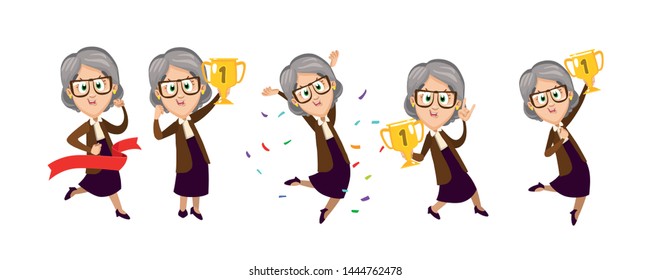 Cartoon set of grannies jumping for joy with prize gold cups. Senior woman crosses finishing tape. Concept of pensioner competition, come first, be winner, active lifestyle. Vector isolated on white.