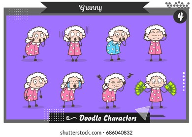 Cartoon Set of Granny Poses and Expressions Vector Illustration