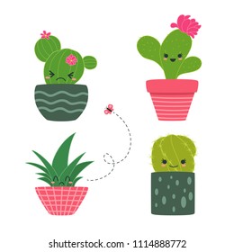 Cartoon set of green cactuses. Element design. Vector illustration on white background.  Abstract cactus in flower pot.