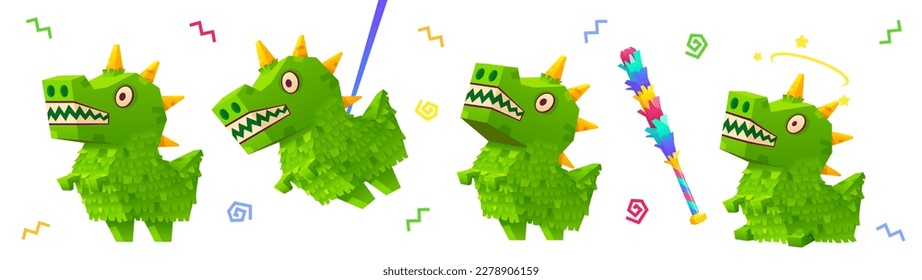 Cartoon set of green dinosaur pinata and bat isolated on white background. Vector illustration of funny color paper accessory for traditional birthday surprise party fun. Swinging animation set