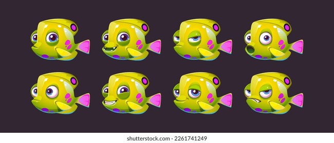 Juego de caricaturas de peces verdes con diferentes emociones aisladas en fondo negro. Ilustración vectorial de un divertido animal marino. Mascota cómica feliz, sonriente, sorprendido, molesto, enojado, loco, estúpido