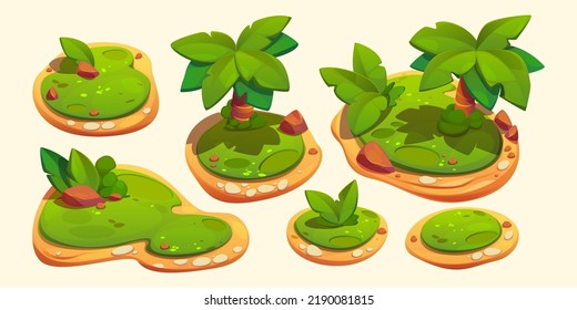 Conjunto de dibujos animados de islas verdes aisladas en un fondo blanco. Ilustración vectorial de coloridos trozos de tierra con palmeras, césped, piedras y plantas. Paisaje natural tropical. Elementos de diseño de ui de juegos