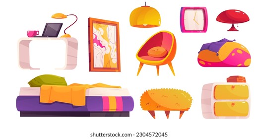 Conjunto de dibujos animados con muebles de dormitorio mullidos aislados en un fondo blanco. Ilustración vectorial de la cama, sillón, escritorio con lámpara y portátil, reloj de pared, imagen abstracta. Elementos de diseño interior