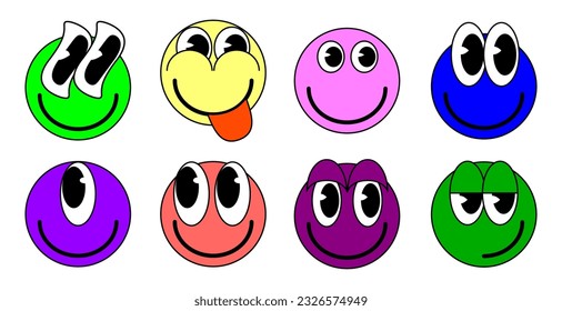 Cartoon Set of Groovy funny cartoon smile characters, vintage. Funky comic bright emoticon stickers