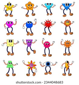Cartoon Set of Groovy funny cartoon smile characters, vintage. Funky comic bright emoticon stickers