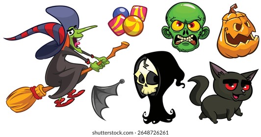 Desenho animado conjunto de personagens de Halloween design. Ilustração vetorial de vampiro zumbi mordaz ceifa bruxa monstro e gost