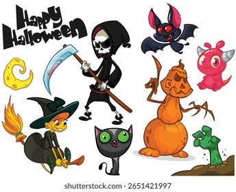 Cartoon set of Halloween characters design. Vector illustration of vampire zombie grim reaper witch monster and gost