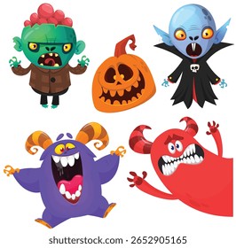 Cartoon set of Halloween characters design. Vector illustration of vampire zombie grim reaper witch monster and gost
